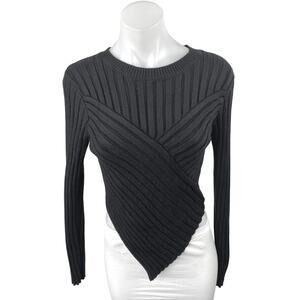 Vici Womens Black Ribbed Knit Long Sleeve Pointed Hem Cropped Sweater Top Size M